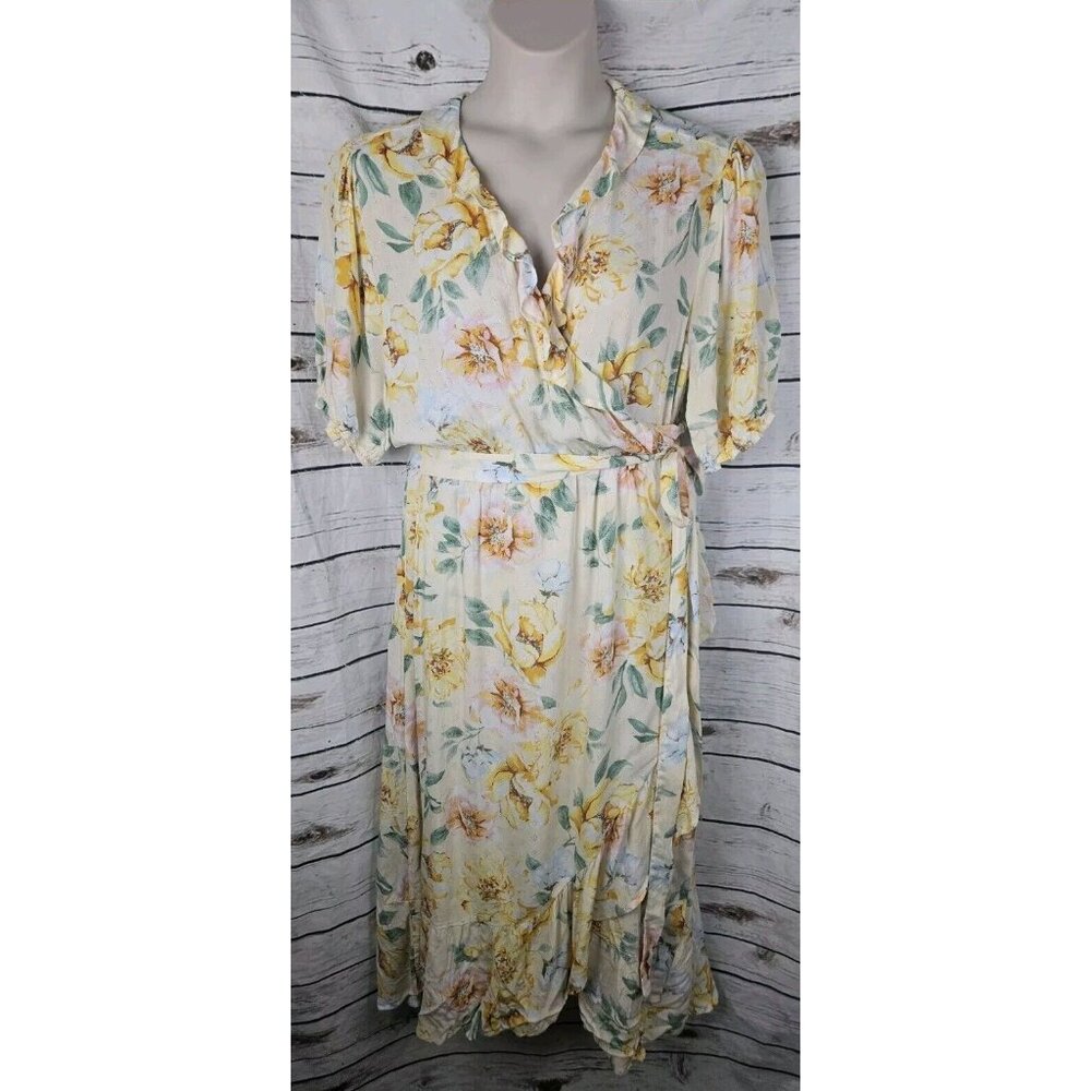 Old Navy Yellow Floral Wrap Dress XXL Ruffled Long Cottagecore Boho Rayon